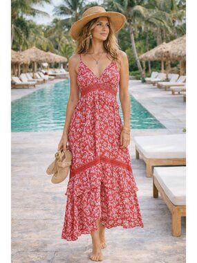 Express Y2K Style Red Floral Maxi Dress Women's Size S Resortwear Summer Beachwe